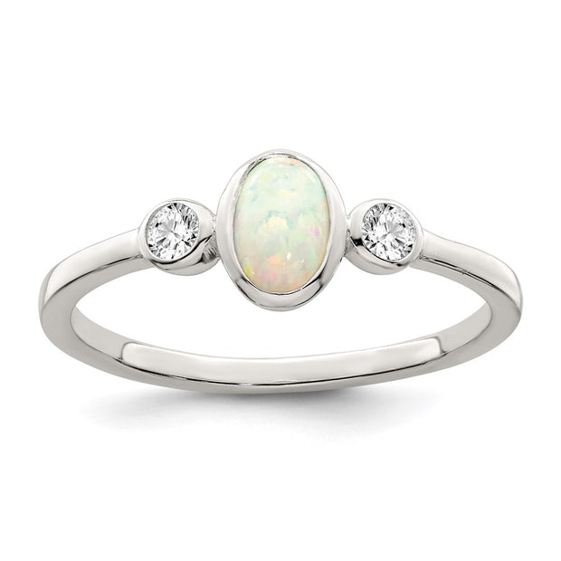Sterling Silver Polished CZ and White Created Opal Ring