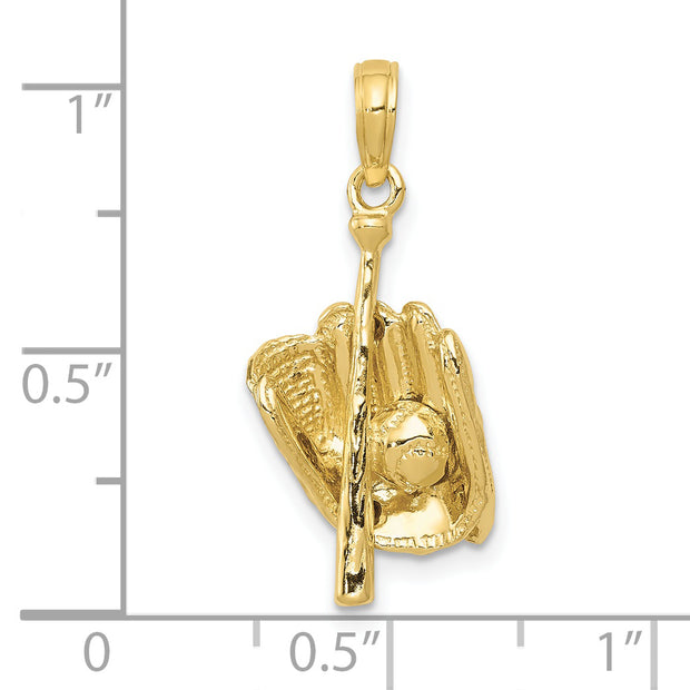 10K Polished 3-D Glove/Bat/Ball Baseball Pendant