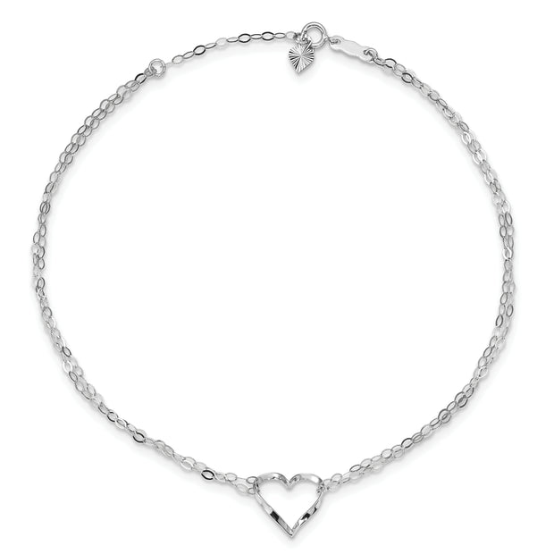 14k White Gold Double Strand Heart 9in Plus 1in ext. Anklet