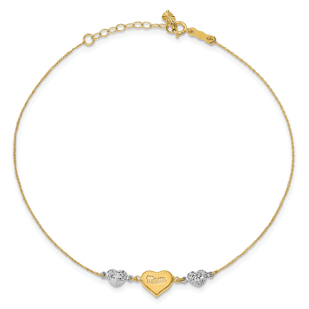 14K Two-tone Diamond-cut Puffed Hearts MOM 10in Plus 1in ext Anklet