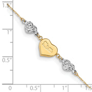 14K Two-tone Diamond-cut Puffed Hearts MOM 10in Plus 1in ext Anklet