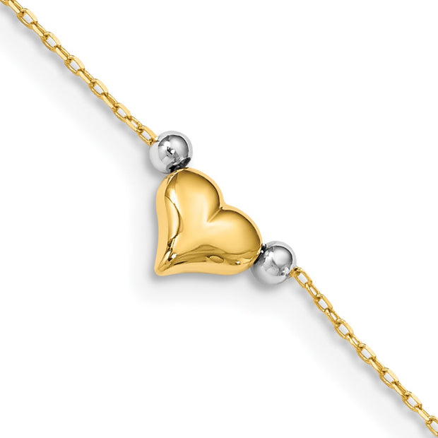 14k Two-Tone Polished Puffed Heart with Beads 10in Anklet