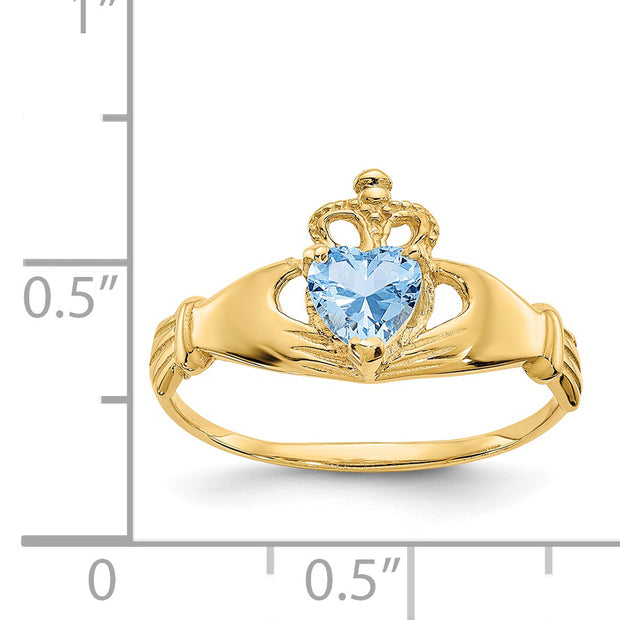 14k CZ March Birthstone Claddagh Heart Ring