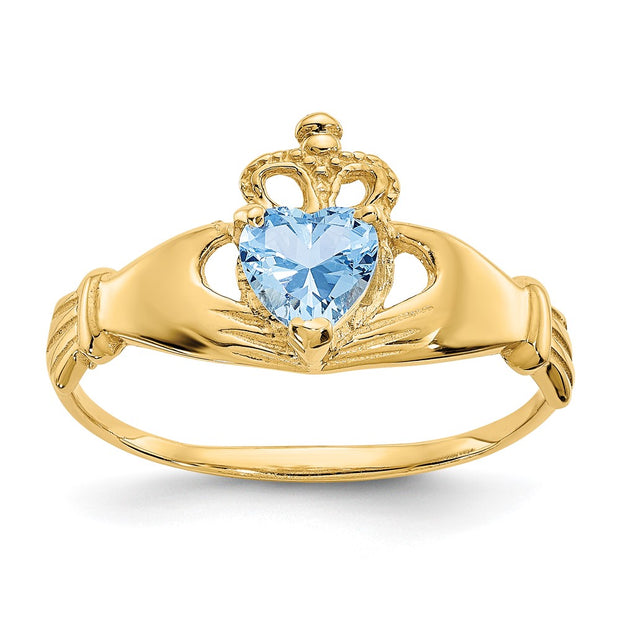 14k CZ March Birthstone Claddagh Heart Ring