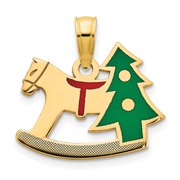 14k Polished Epoxy Rocking Horse with Christmas Tree Pendant