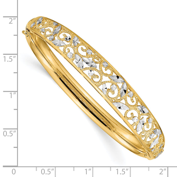 14K w/White Rhodium Diamond-cut Graduated Hinged Bangle Bracelet