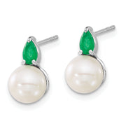 14k White Gold FWC Pearl and Emerald Post Earrings