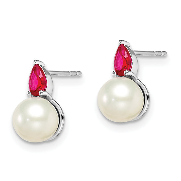 14k White Gold FWC Pearl and Ruby Post Earrings