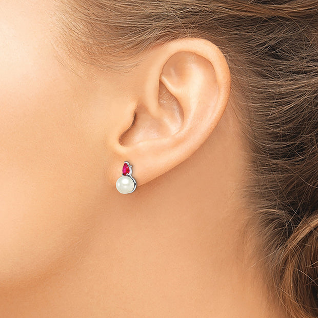 14k White Gold FWC Pearl and Ruby Post Earrings