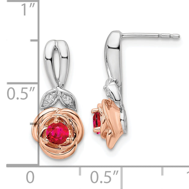 14K Two-tone White & Rose Ruby and Diamond Flower Post Earrings