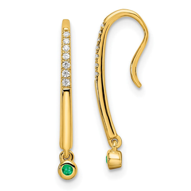 14k Polished Diamond and Emerald Drop Wire Earrings