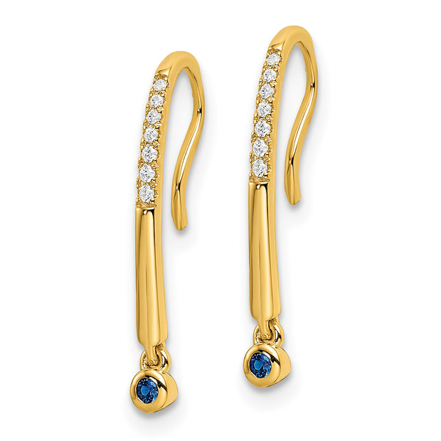 14k Polished Diamond and Sapphire Drop Wire Earrings