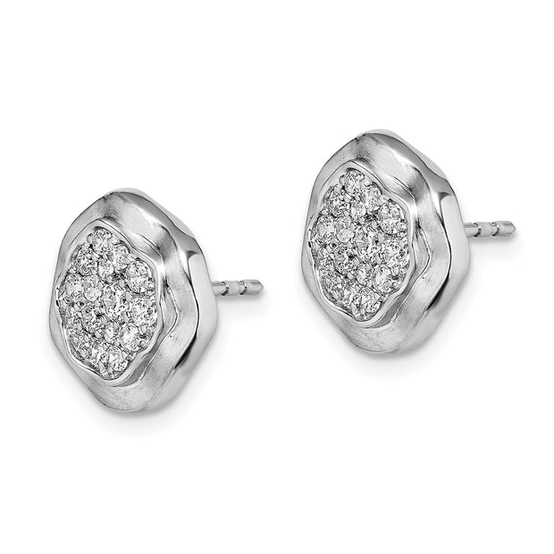 14k White Gold Polished Wavy Circle Diamond Post Earrings