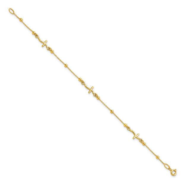 14K Yellow Polished with Cross and Beads Bracelet