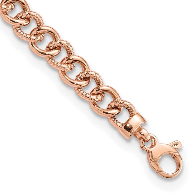 14K Rose Gold Polished And Textured Fancy Link Bracelet