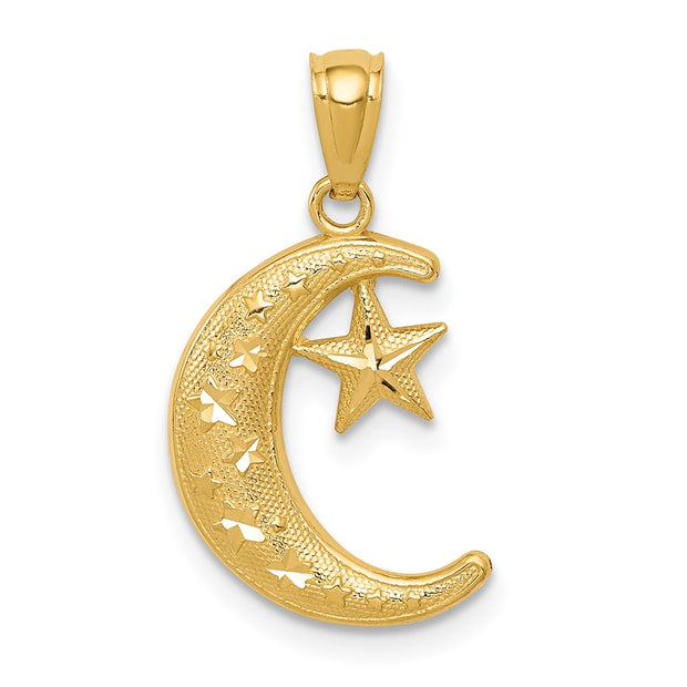 14k Gold Polished and Textured Moon and Stars Pendant