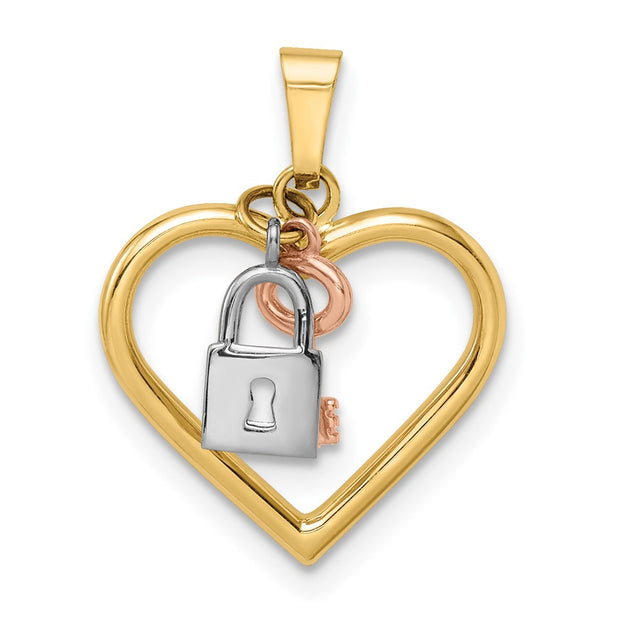 14k Tri-color Heart, Lock and Key Pendant