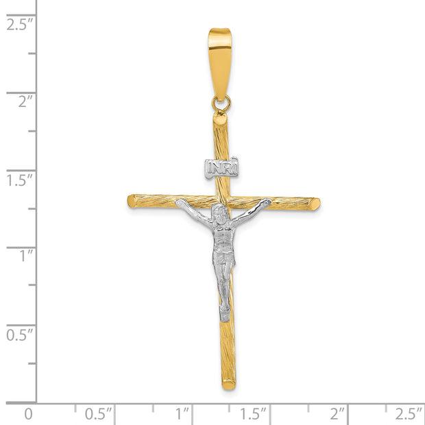 14K w/White Rhod Polished & Textured INRI Crucifix Cross Pendant