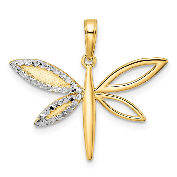 14k and White Rhodium Diamond-cut Dragonfly Pendant