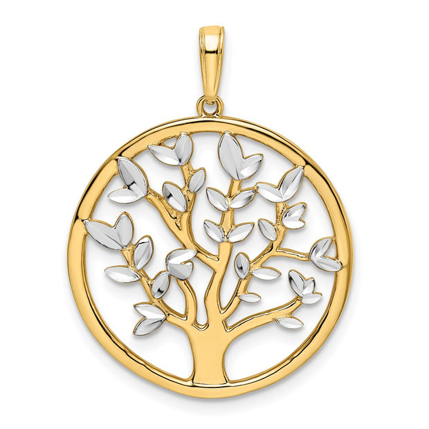14k and White Rhodium Diamond-cut Tree of Life Pendant