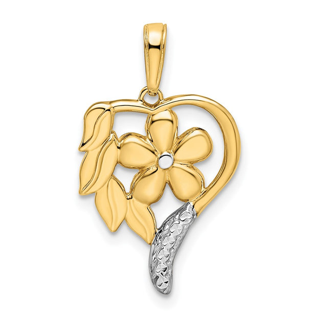 14k and White Rhodium Diamond-cut Floral Heart Pendant