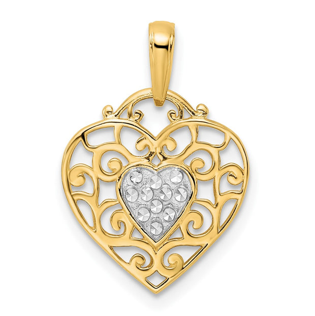 14k and White Rhodium Diamond-cut Filigree Heart Pendant