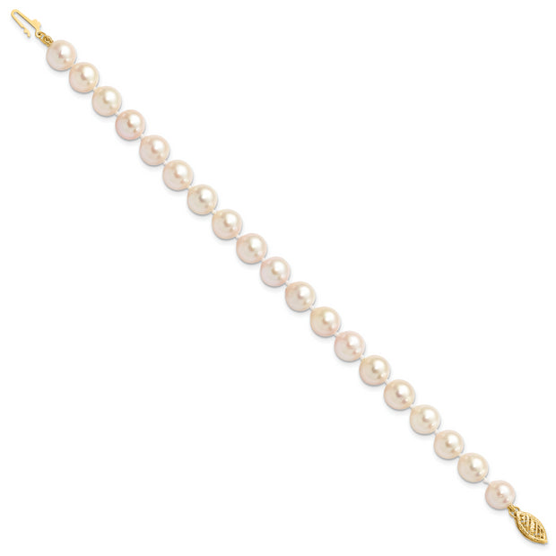 14k 7-8mm Round White Saltwater Akoya Cultured Pearl Bracelet