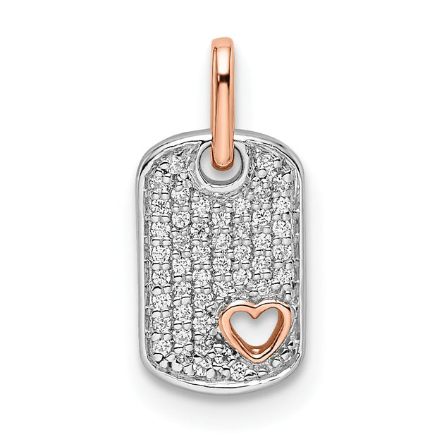 14k Two-tone White and Rose Small Dog Tag w/Heart Diamond Pendant