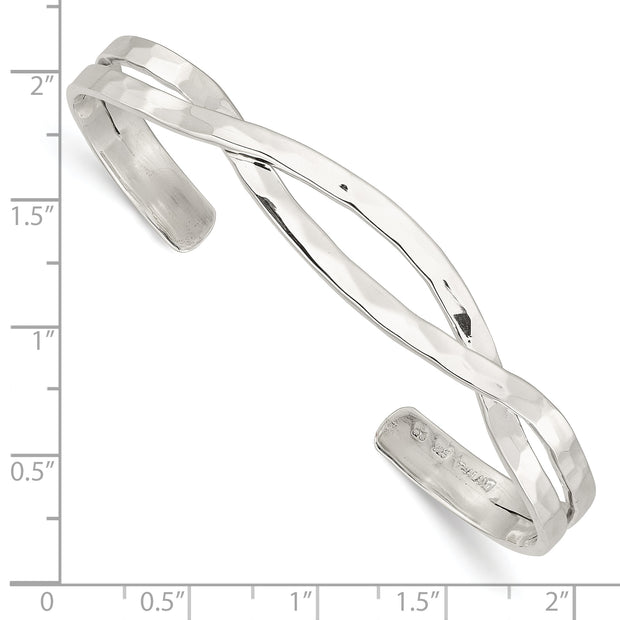 Sterling Silver Polished Hammered Criss Cross Cuff Bangle