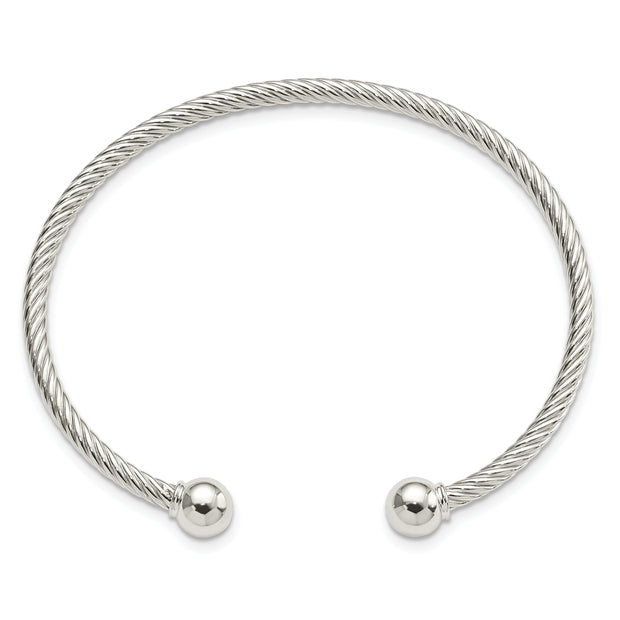 Sterling Silver Rhod-plated Twisted w/1 Thread Ball Cuff Bangle