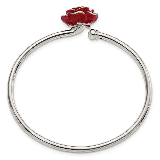 Sterling Silver Polished Enameled Rose Flexible Bangle