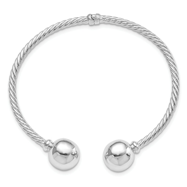 Sterling Silver Rhodium-Plated Twist & Beaded End Hinged Cuff Bangle