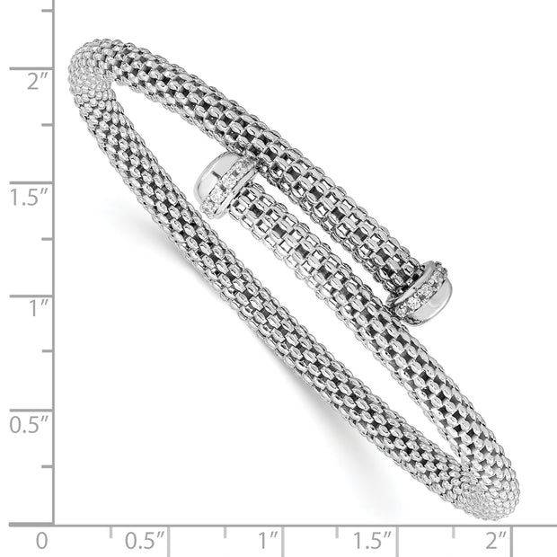 Sterling Silver Rhodium-plated Polished CZ Flexible Cuff Bangle