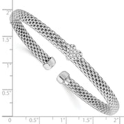 Sterling Silver Rhodium-plated Polished CZ Heart Mesh Cuff Bangle