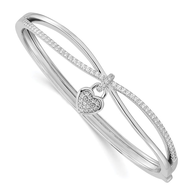 Sterling Silver Rhodium-plated CZ Heart Dangle Hinged Bangle