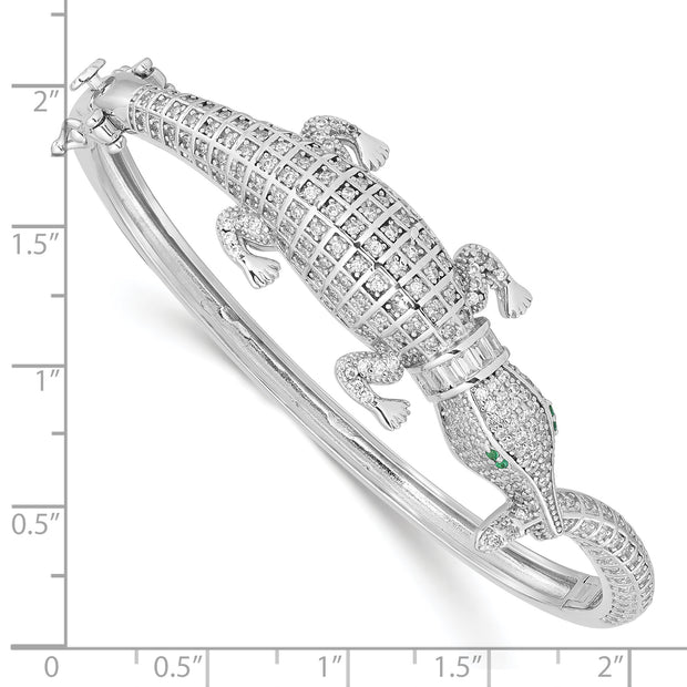 Sterling Silver Rhodium-plated Polished CZ Alligator Hinged Bangle