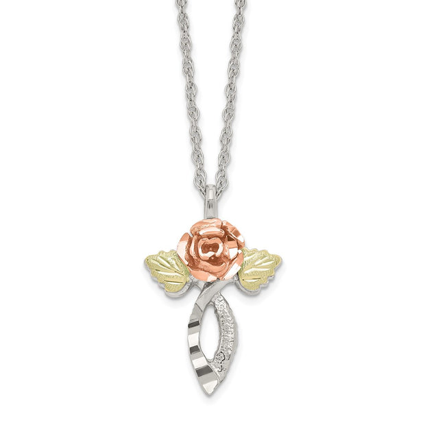 Sterling Silver Rhodium-plated w/12K Accents Rose Necklace