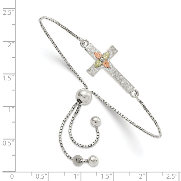Sterling Silver Rhod-pltd w/12K Accents Cross Adjustable Bracelet