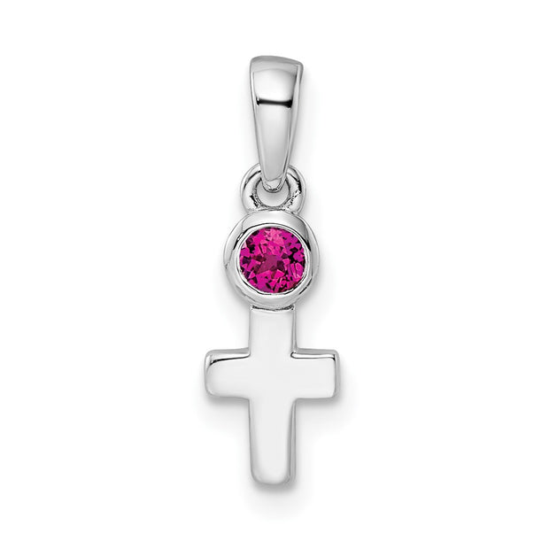 Sterling Silver Rhodium-plated Polished Lab Created Ruby Cross Pendant