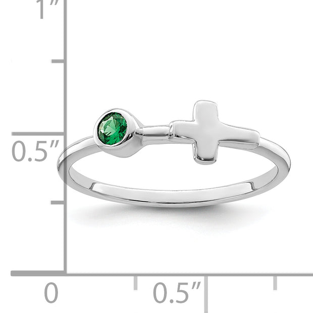 Sterling Silver Rhodium-plated Polished Cross Lab Created Emerald Ring