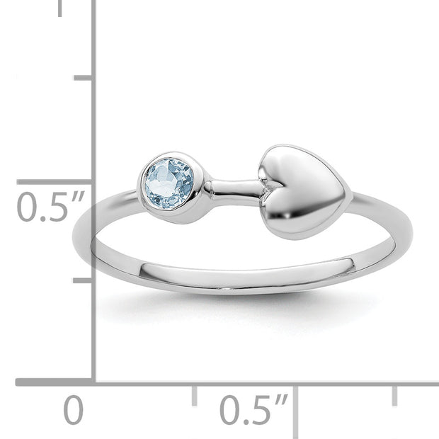 Sterling Silver Rhodium-plated Polished Heart Aquamarine Ring