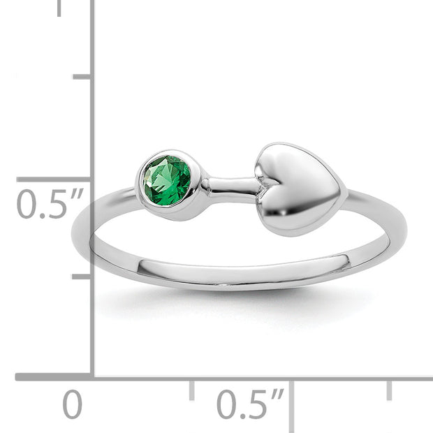 Sterling Silver Rhodium-plated Polished Circle Created Emerald Heart Ring