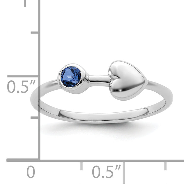 Sterling Silver Rhodium-plated Polished Heart Lab Created Sapphire Ring