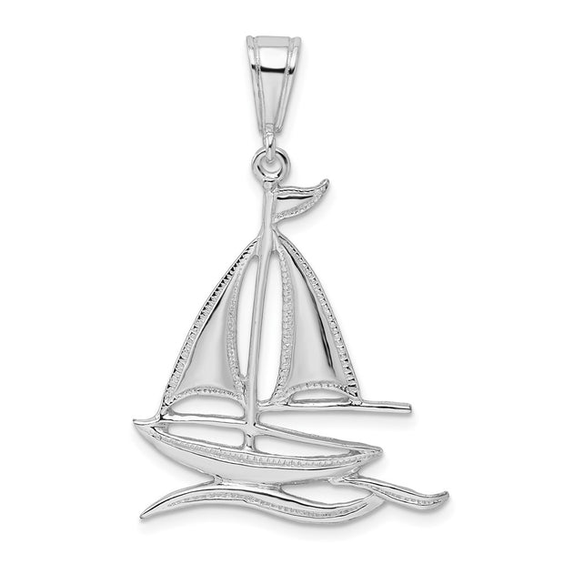 Sterling Silver Rhod-plated Polished/Textured Sailboat on Water Pendant