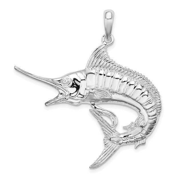 Sterling Silver Rhodium-plated Polished/Textured Marlin Fish Pendant