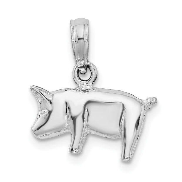Sterling Silver Rhodium-plated Polished 3D Pig Pendant