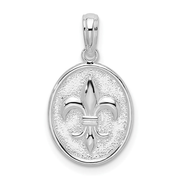 Sterling Silver Rhod-plated Polished/Textured Fleur de Lis Oval Pendant