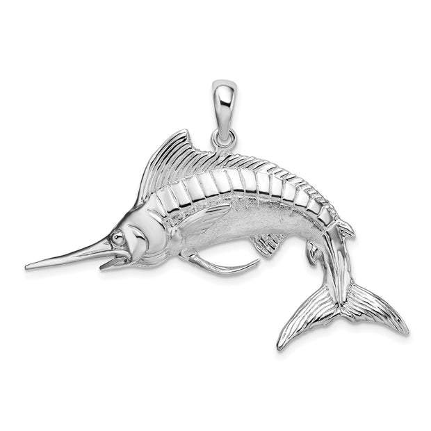 Sterling Silver Rhodium-plated Polished/Satin 3D White Marlin Pendant