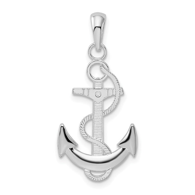 Sterling Silver Rhodium-plated Polished Anchor w/Rope Pendant