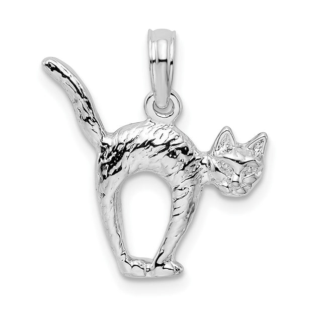 Sterling Silver Rhodium-plated Textured 3D Cat w/Arched Back Pendant